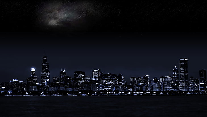 fotografia panoramica di edifici urbani, paesaggio urbano, Chicago, città, urbano, skyline, notte, Sfondo HD