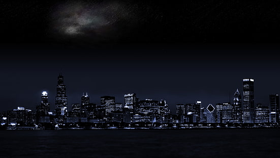 панорамна фотография на градски сгради, градски пейзаж, Чикаго, град, градски, силует, нощ, HD тапет HD wallpaper