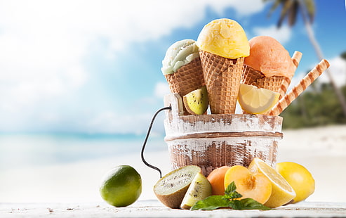 crèmes glacées sur papier peint seau, plage, crème glacée, fruits, corne, dessert, sucré, fruits, tropical, Fond d'écran HD HD wallpaper