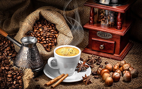 Speisen, Kaffee, Zimt, Kaffeebohnen, Tasse, Haselnuss, Sternanis, HD-Hintergrundbild HD wallpaper