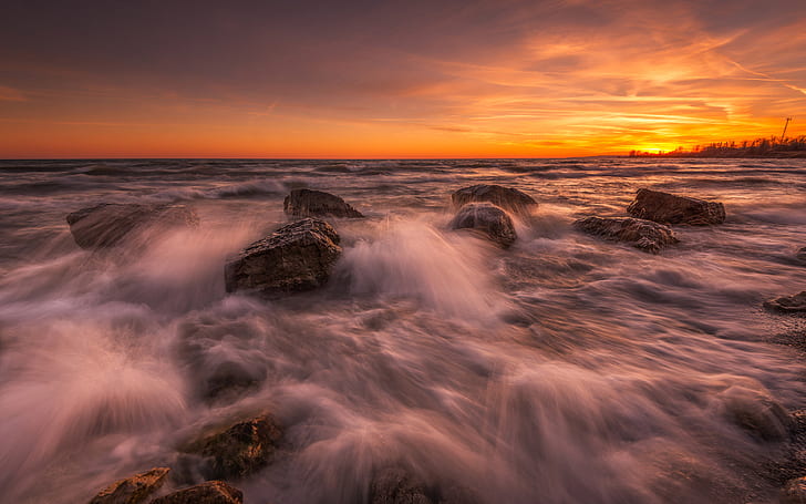 Squires Beach et Pickering Ontario Pickering City au Canada Sunset Red Sky Clouds Waves Rocks Wallpaper Hd For Desktop 3840 × 2400, Fond d'écran HD