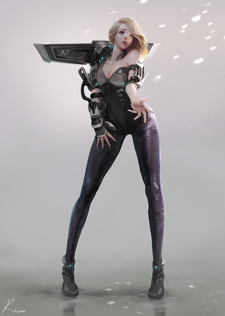 personnage de jeu féminin portant une illustration de vêtements en cuir noir, art fantastique, futuriste, Fond d'écran HD, fond d'écran de téléphone