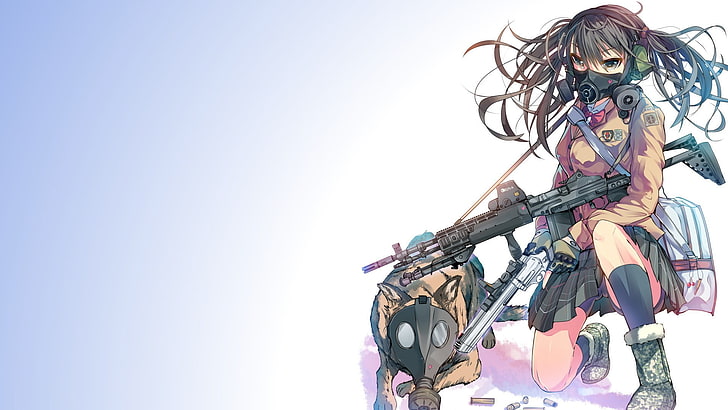 ilustracja kobieta trzymająca broń, anime, dziewczyny anime, pistolet, 357 Magnum, twintails, oryginalne postacie, Daito, maski gazowe, karabin maszynowy, Tapety HD