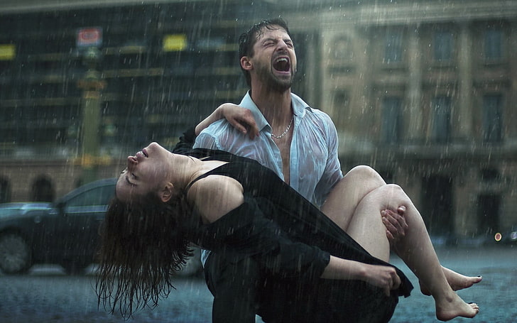 wanita tali spaghetti hitam gaun V-neck, pasangan, kekasih, menangis, hujan, Wallpaper HD