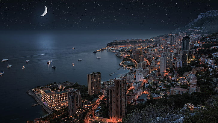 Monte Carlo, Mónaco, luz de la luna, luna, luz de la luna, noche estrellada, cielo estrellado, paisaje urbano, noche, noche, costa, mar, Fondo de pantalla HD