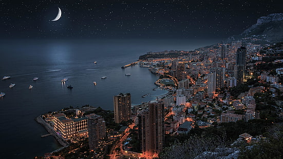 Monte Carlo, Mónaco, luz de la luna, luna, luz de la luna, noche estrellada, cielo estrellado, paisaje urbano, noche, noche, costa, mar, Fondo de pantalla HD HD wallpaper