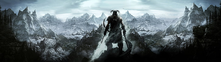 Fond d'écran de Elders Scrolls V, homme debout en tenant un fond d'écran numérique du jeu de l'épée, The Elder Scrolls V: Skyrim, montagnes, neige, art fantastique, épée, jeux vidéo, paysage, Fond d'écran HD