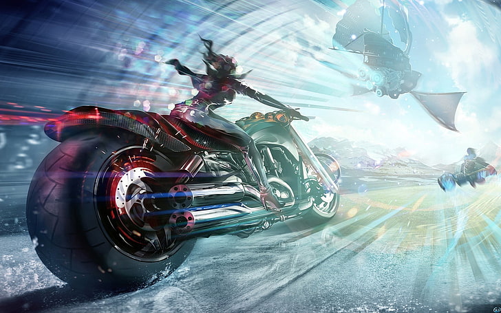 woman riding motorcycle wallpaper, futuristic, motorcycle, digital art, HD wallpaper