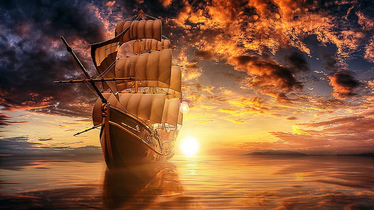 sea, clouds, light, sunset, reflection, rendering, ship, sailboat, HD wallpaper