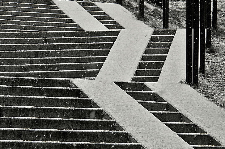 black and white, snow, stairs, steps, winter, HD wallpaper
