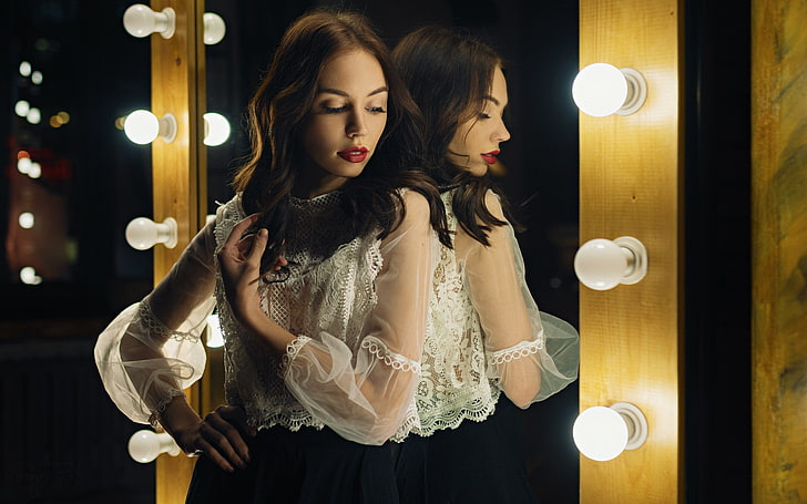отражение, женщины, модель, лампочка, зеркало, фары, Сергей Жирнов, HD обои