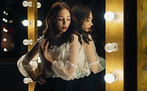 reflektion, kvinnor, modell, glödlampa, spegel, ljus, Sergey Zhirnov, HD tapet HD wallpaper