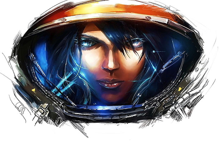 pessoa usando ilustração de capacete laranja e cinza, menina, jogo, arte, fundo branco, starcraft, starcraft 2, starcraft II, HD papel de parede