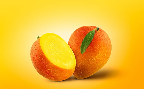 Owoce mango, żywność i napoje, pół, pomarańczowe, żółte, świeże, owoce, mango, żywność, krople wody, digitalart, fotomanipulacja, witaminy, retusz, Tapety HD HD wallpaper