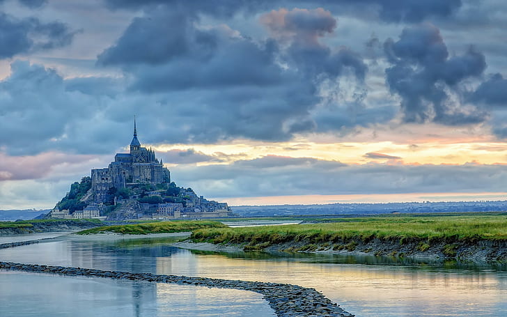 Mont Saint-Michel, wyspa, Francja, opactwo, miasto, stary budynek, krajobraz, Tapety HD