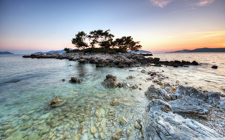الماء ، المناظر الطبيعية ، الطبيعة ، السماء ، ضوء الشمس ، كرواتيا ، الجزيرة ، الغروب، خلفية HD