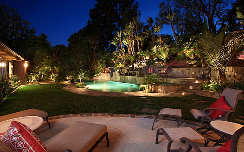 tavolo da biliardo marrone e verde, giardino, piscina, Sfondo HD HD wallpaper