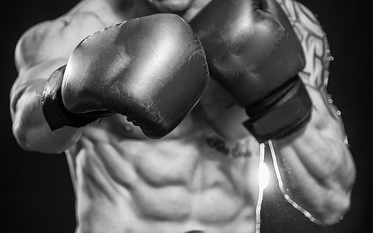 Boxing Abs, Mann mit Boxhandschuhen in Nahaufnahmen, Sport, Boxen, Handschuhe, Training, HD-Hintergrundbild