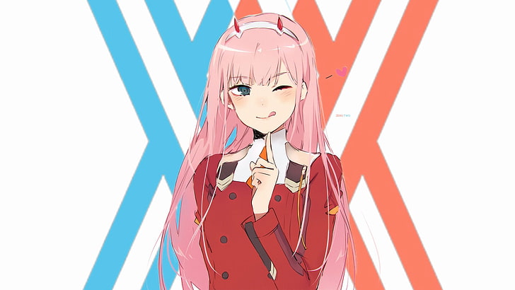 Anime, Liebling im FranXX, Mädchen, Langes Haar, Rosa Haar, Wink, Zero Two (Liebling im FranXX), HD-Hintergrundbild
