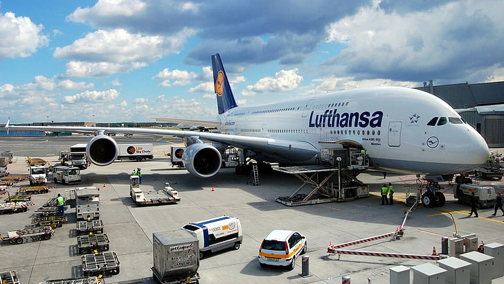 루프트 한자, 에어 버스 A380-800, 프랑크푸르트, 에어 버스, 비행기, HD 배경 화면