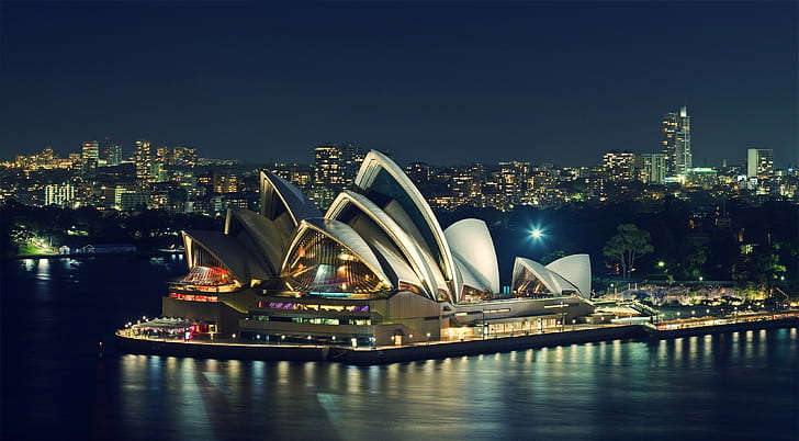 laut, kota, Sydney, Gedung Opera Sydney, malam, Wallpaper HD