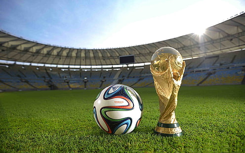 2014年ブラジル第20回FIFAワールドカップのデスクトップの壁紙..、多色のサッカーボールと金色のトロフィー、 HDデスクトップの壁紙 HD wallpaper