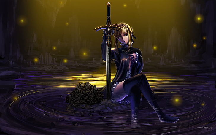 personagem feminina usando ilustração de vestido preto, anime, garotas de anime, Fate / Stay Night, Sabre, coxa-altas, série de destino, HD papel de parede