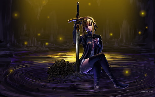 personnage féminin portant une robe noire illustration, anime, anime girls, Fate / Stay Night, Sabre, hauts de cuisse, Fate Series, Fond d'écran HD HD wallpaper