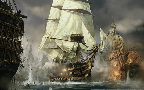 коричнево-белые полностью оснащенные корабли на водоеме цифровые обои, Наполеон: Тотальная война, видеоигры, корабль, концепт-арт, война, парусный корабль, HD обои HD wallpaper