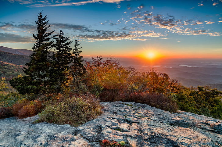the sun, trees, landscape, mountains, nature, dawn, morning, shrubs, Appalachian, HD wallpaper