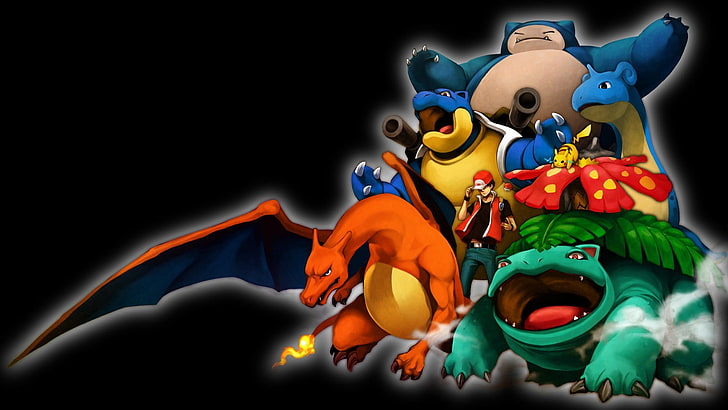 Illustration de personnages Pokemon, Pokémon, Charizard, Blastoise, Venusaur, Snorlax, Lapras, Pikachu, Pokemon première génération, Fond d'écran HD