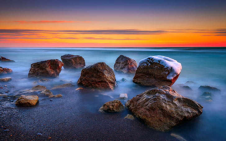 Squires Pantai Ontario Kanada Sunset Di Musim Dingin Stones Ocean Horizon Langit Merah Awan Desktop Hd Wallpaper 3840 × 2400, Wallpaper HD