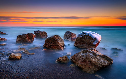 Squires Beach Ontario Canada Puesta de sol en invierno Stones Ocean Horizon Red Sky Clouds Desktop Hd Wallpapers 3840 × 2400, Fondo de pantalla HD HD wallpaper
