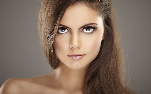 femmes, brune, cheveux longs, visage, portrait, yeux, lèvres, maquillage, Fond d'écran HD HD wallpaper