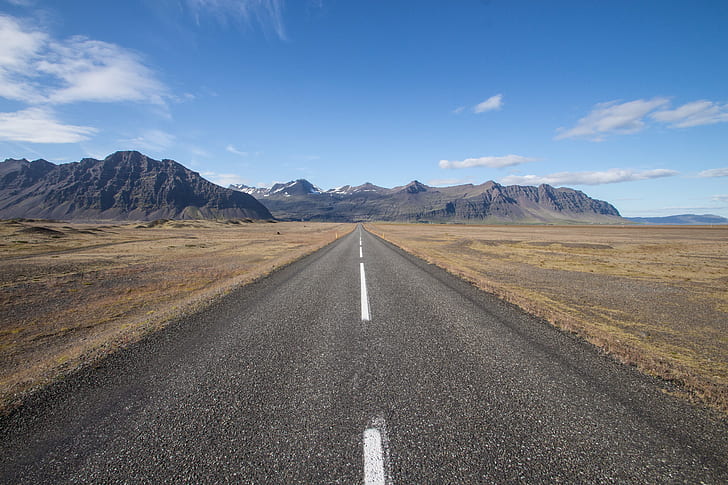empty straightroad towards mountain, Road to, empty, mountain, Iceland, road  route, road, nature, highway, travel, landscape, asphalt, scenics, uSA, journey, desert, HD wallpaper