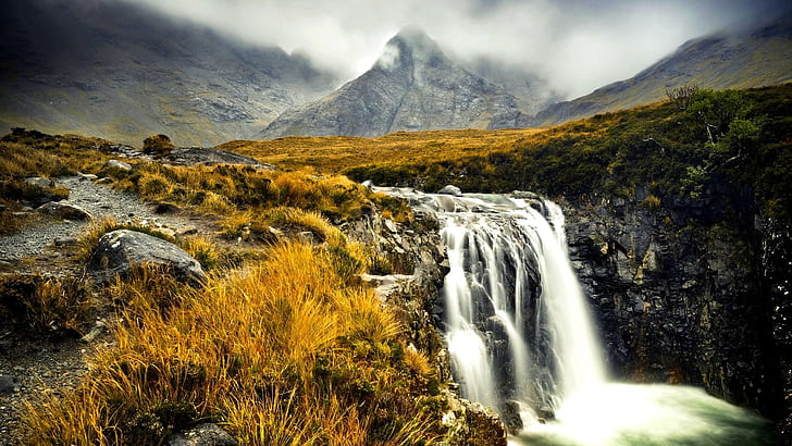 Misty Mountain Waterfalls, great britain, mist, isle of skye, inner hebrides, waterfall, water, scottish highlands, stark, HD wallpaper