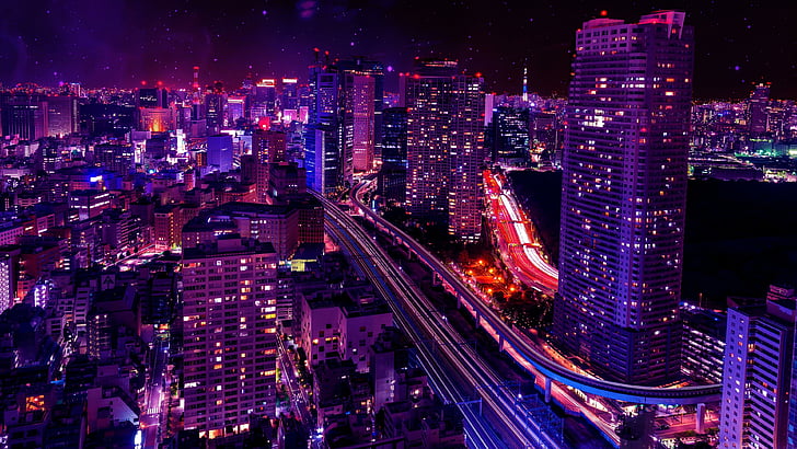 lumières de la ville, centre-ville de shiodome, Japon, tokyo, minato, shiodome, ciel, tour, éclairage, centre-ville, zone métropolitaine, horizon, violet, gratte-ciel, nuit, point de repère, asie, métropole, ville, paysage urbain, Fond d'écran HD