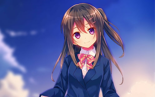 аниме девушки, школьная форма, небо, улыбка, длинные волосы, HD обои HD wallpaper