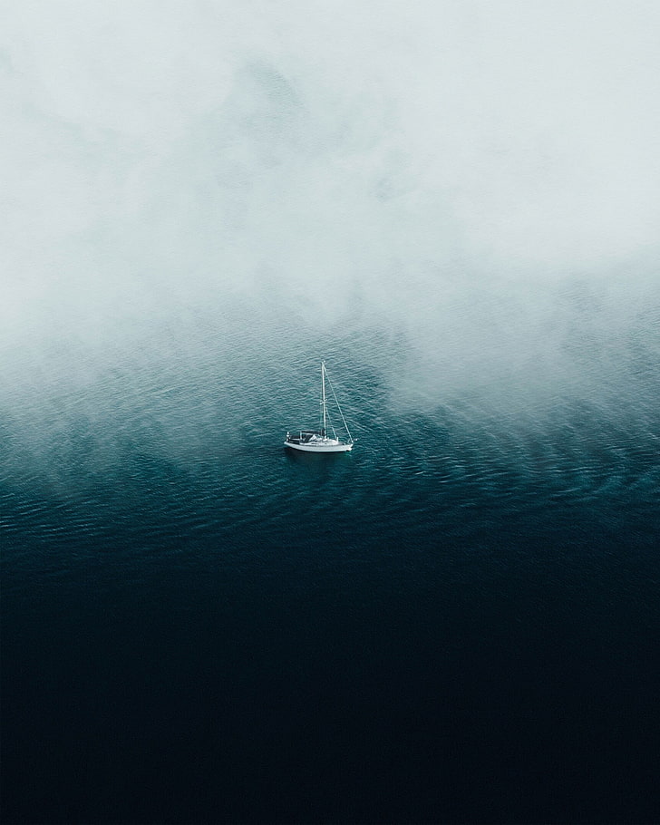белый парусник, лодка, океан, туман, одинокий, HD обои, телефон обои