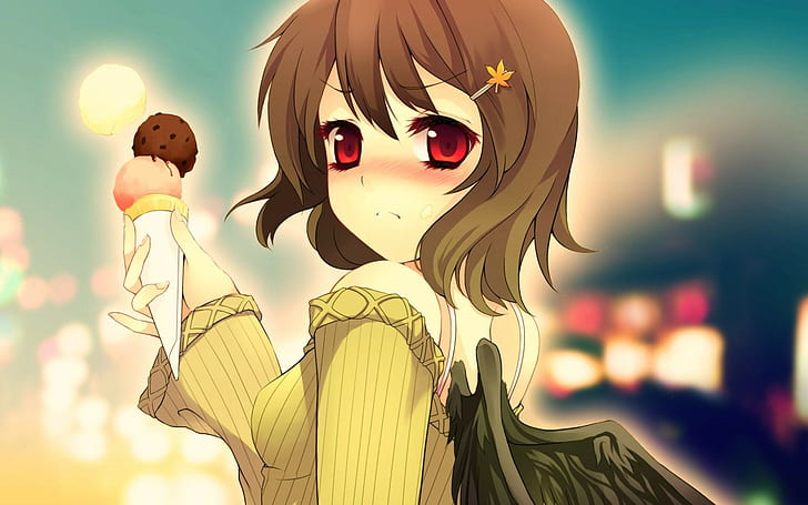 gadis anime, mata merah, es krim, rambut pendek, berambut cokelat, sayap, Wallpaper HD