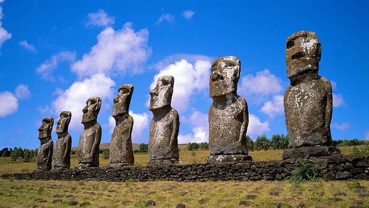 seven concrete human statues, landscape, Easter Island, HD wallpaper