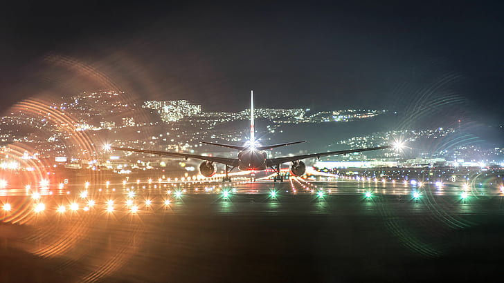 night, lights, airport, landing, Boeing 777, HD wallpaper