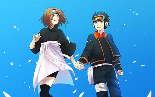 Anime Obito e Rin, insieme, Naruto, anime, arte, Uchiha imbottito, Rin Nohara, sono tenuti in mano, Sfondo HD HD wallpaper