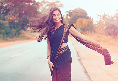 gaun sari hitam dan coklat wanita, gadis, pakaian, India, brunette, India, saree, Wallpaper HD HD wallpaper