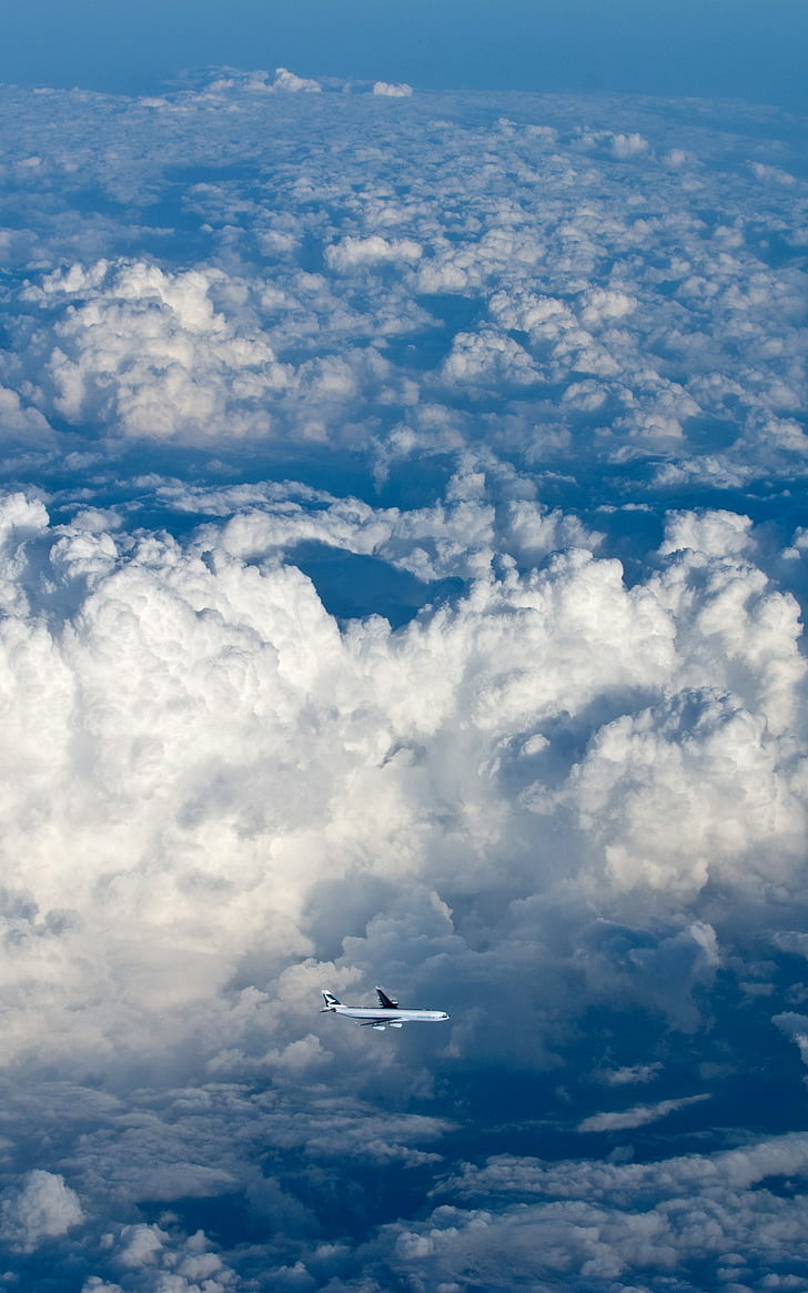 Airbus A340, aereo, nuvole, esposizione verticale, cielo, Sfondo HD, sfondo telefono