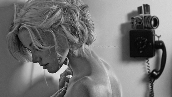 Vintage-Telefon, Amber Heard, einfarbig, blond, nackte Schultern, Gesicht, Seitenansicht, verschwommen, Telefon, Schauspielerin, Frauen, Fotomanipulation, HD-Hintergrundbild HD wallpaper