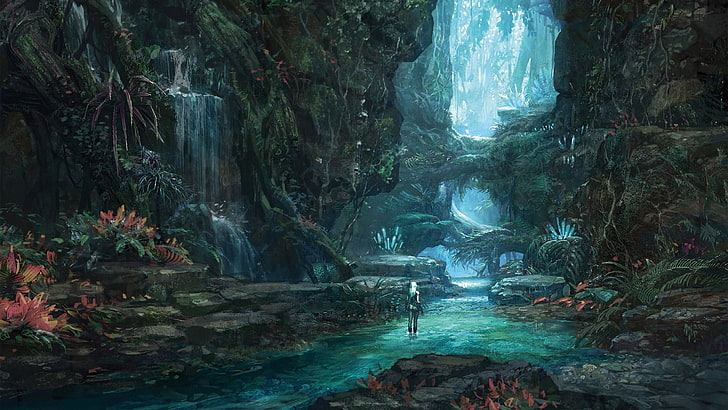 orang yang berdiri di tengah-tengah hutan wallpaper digital, hutan, seni digital, seni fantasi, Wallpaper HD