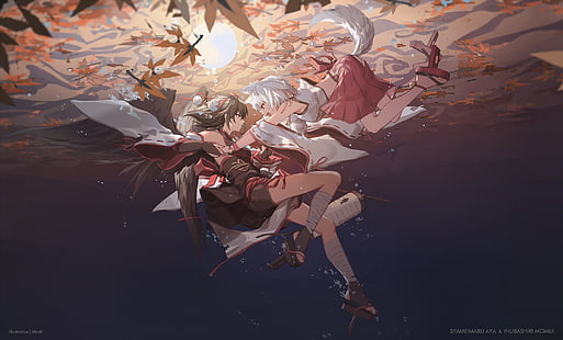  anime, anime girls, underwater, water, leaves, tail, Aya Shameimaru, Inubashiri Momiji, Touhou, HD wallpaper HD wallpaper