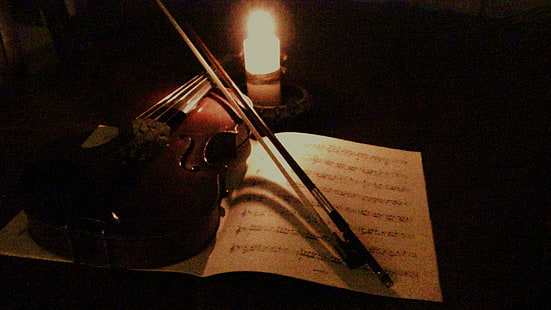 Lacrymosa, коричневая скрипка, смычок и музыкальная книга, свет, ноты, скрипка, музыка, 3d и аннотация, HD обои HD wallpaper