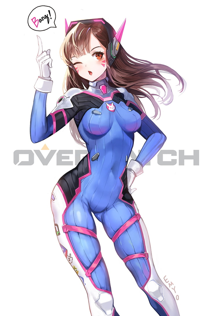 Overwatch character illustration, anime, anime girls, Overwatch, D.Va (Overwatch), long hair, red eyes, headphones, bodysuit, HD wallpaper